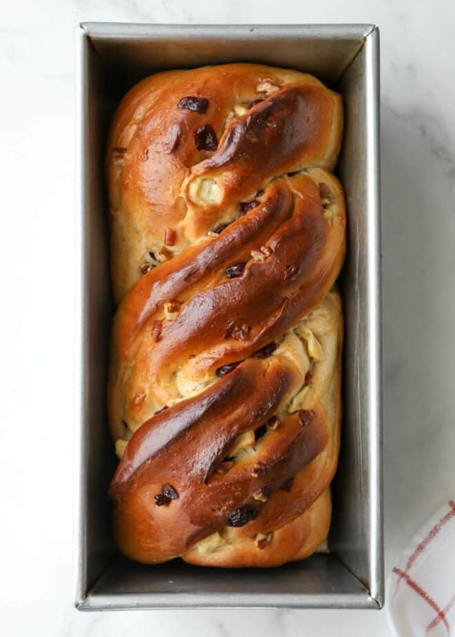 baked apple cranberry bread in loaf pan