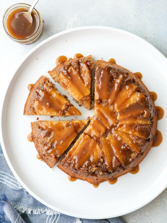 caramel apple upside down cake on pan
