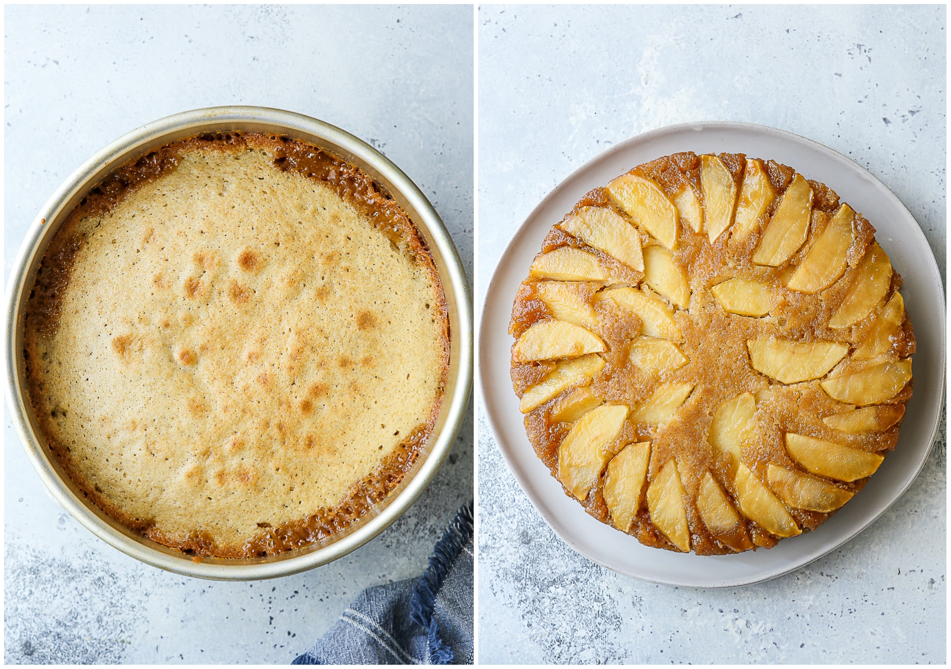 baked caramel apple cake before and after flipping it upside down