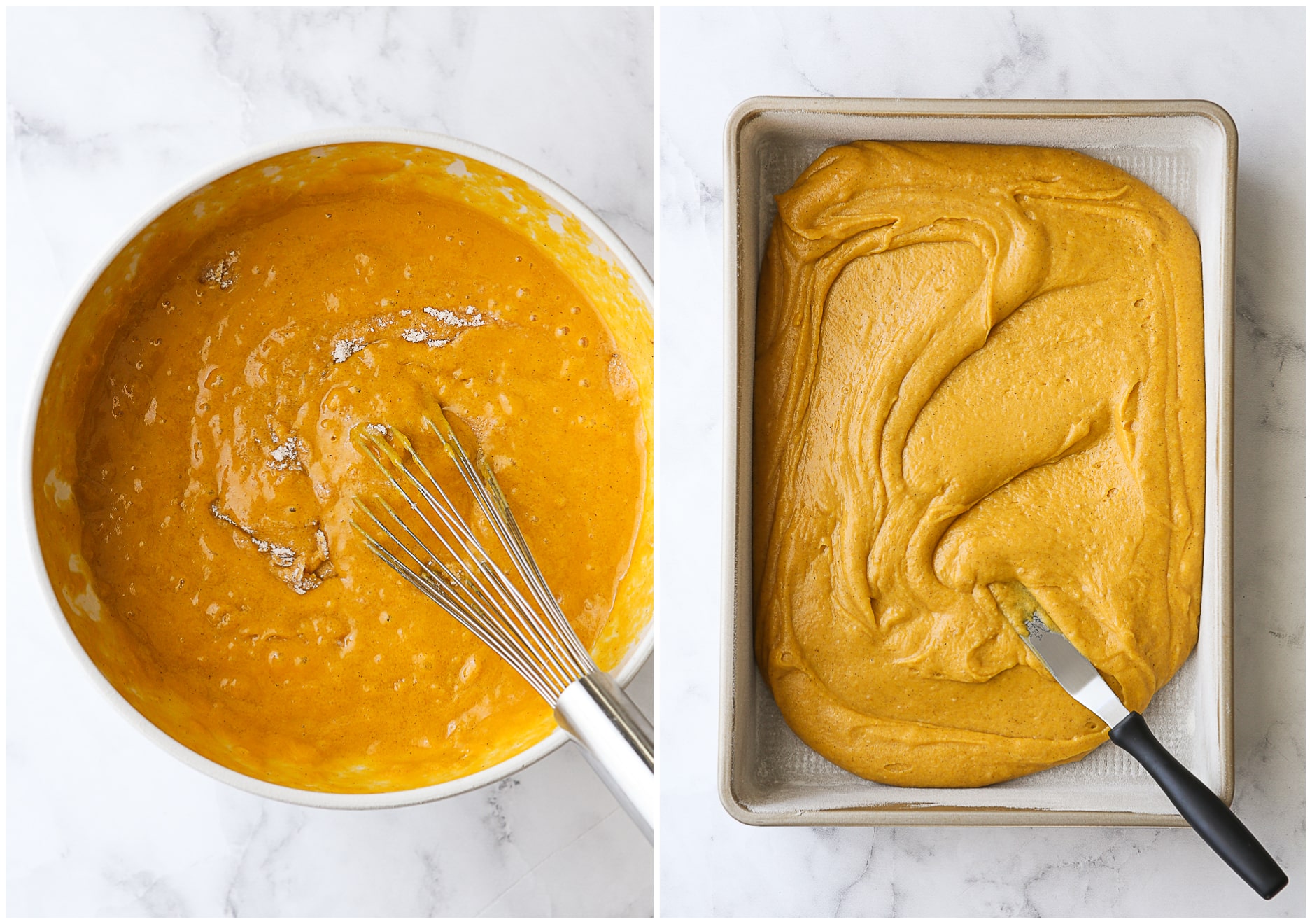 pumpkin cake batter mixed in a bowl, spreading it into a pan