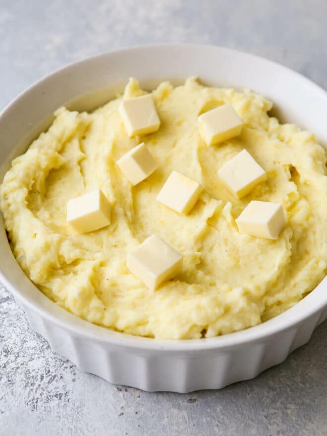 mashed potatoes in casserole dish for reheating