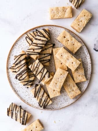 overhead view of brown butter shortbread cookies on a plate