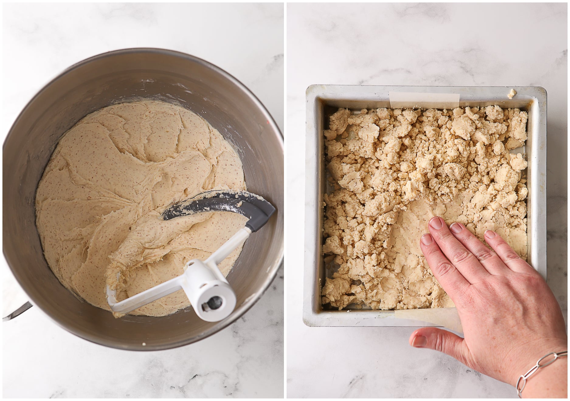 making brown butter shortbread dough and pressing it into pan