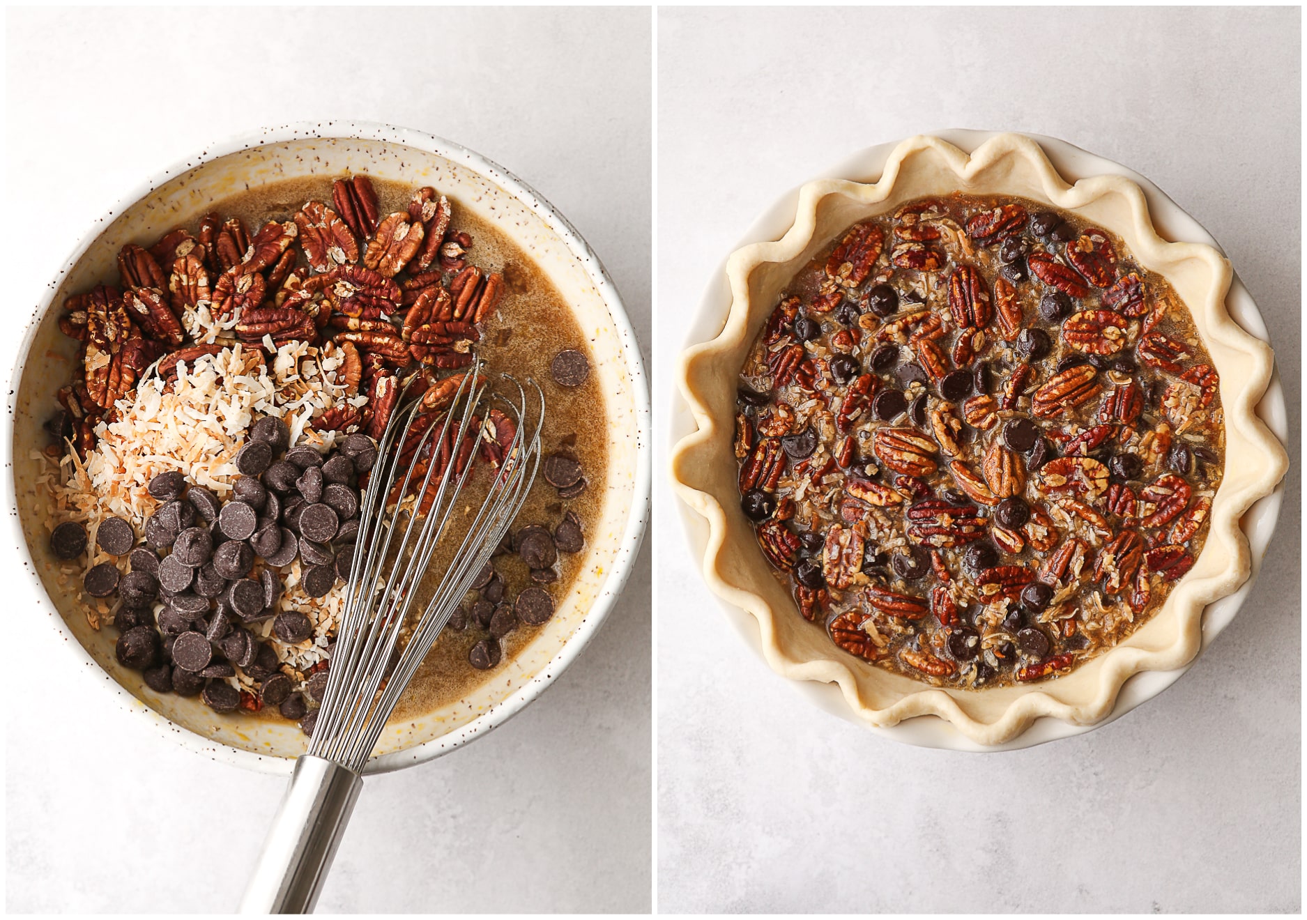 chocolate coconut pecan pie filling mixed and in pie shell