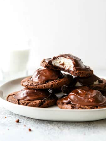 pile of chocolate marshmallow cookies on a plate