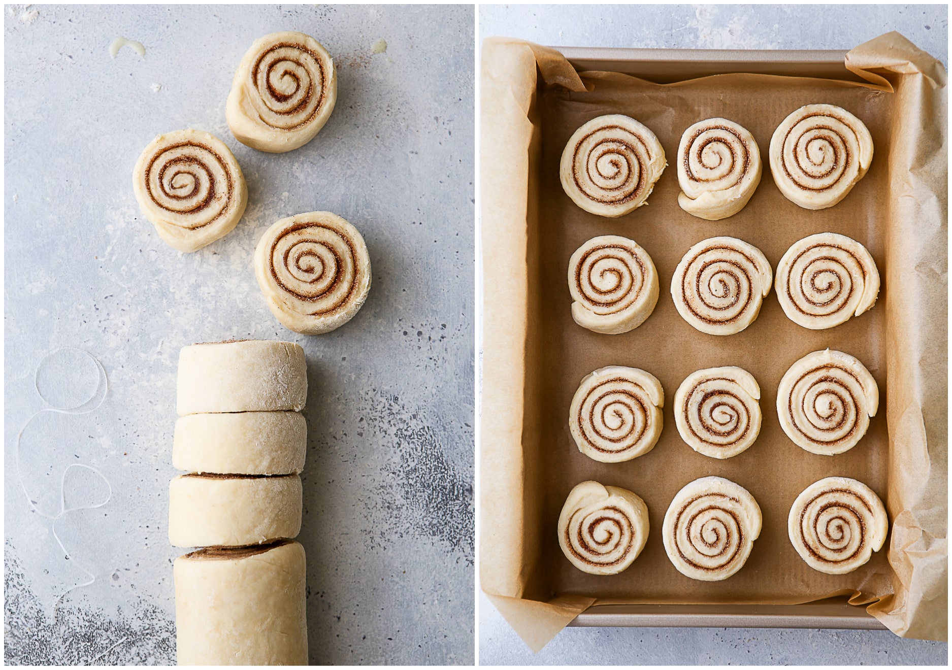 slicing cinnamon rolls and placing them in a pan