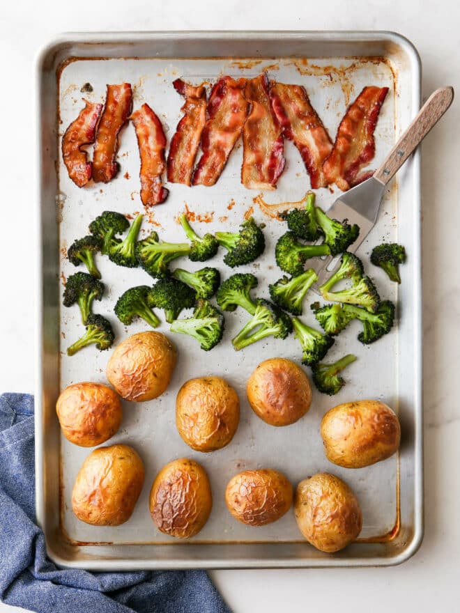 baked potato sheet pan dinner done and ready for toppings