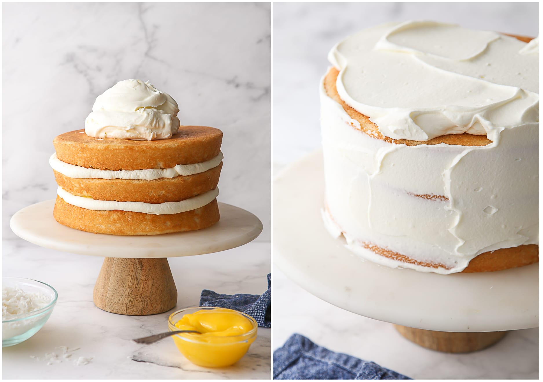 assembling the lemon coconut cake on a cake stand, and frosting it