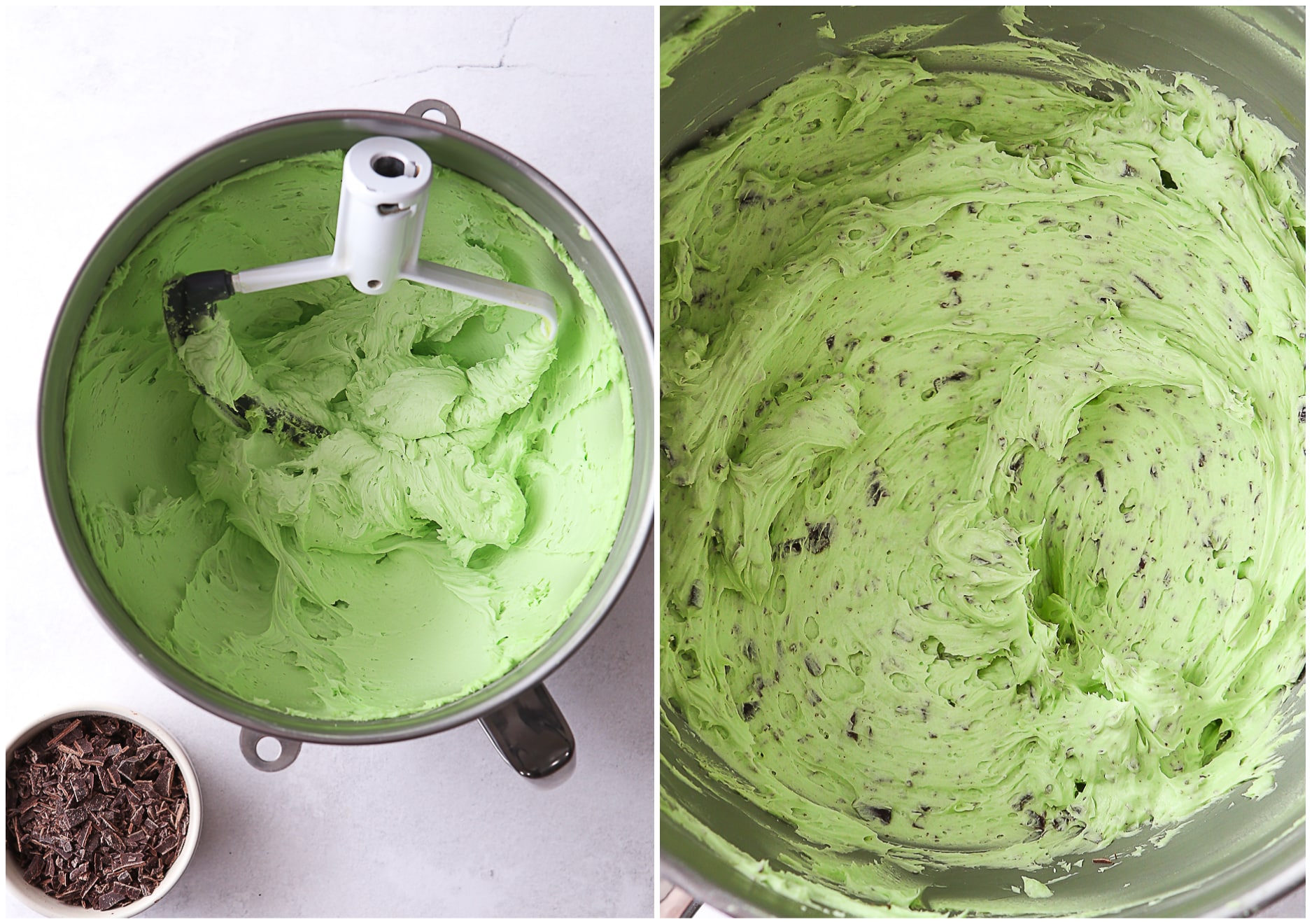 mixing mint chocolate chip frosting in bowl