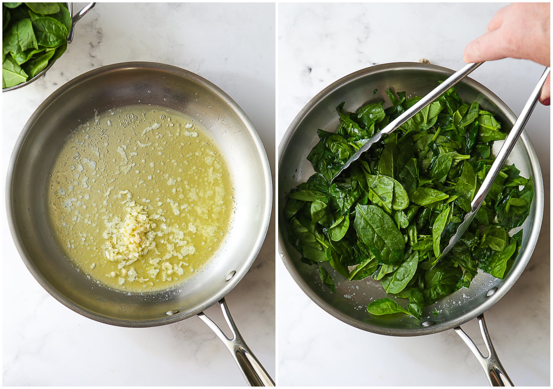 melting butter, adding garlic, and tossing in spinach