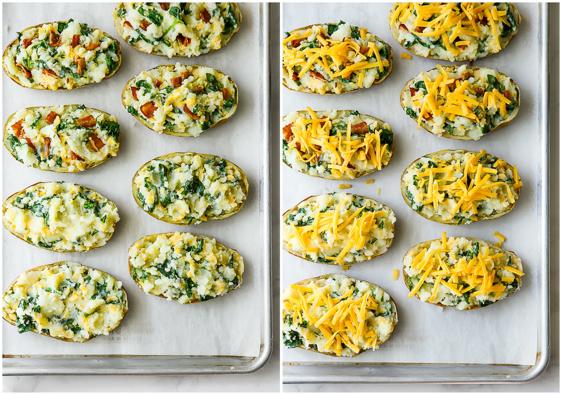 filled potato skins with and without cheese topping