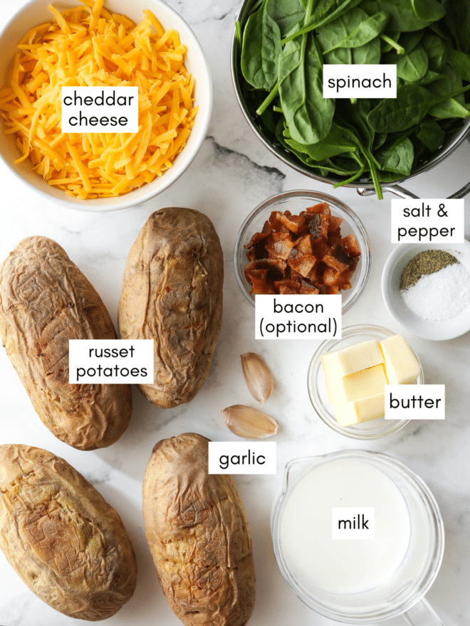 spinach and cheddar twice-baked potatoes ingredients assembled together