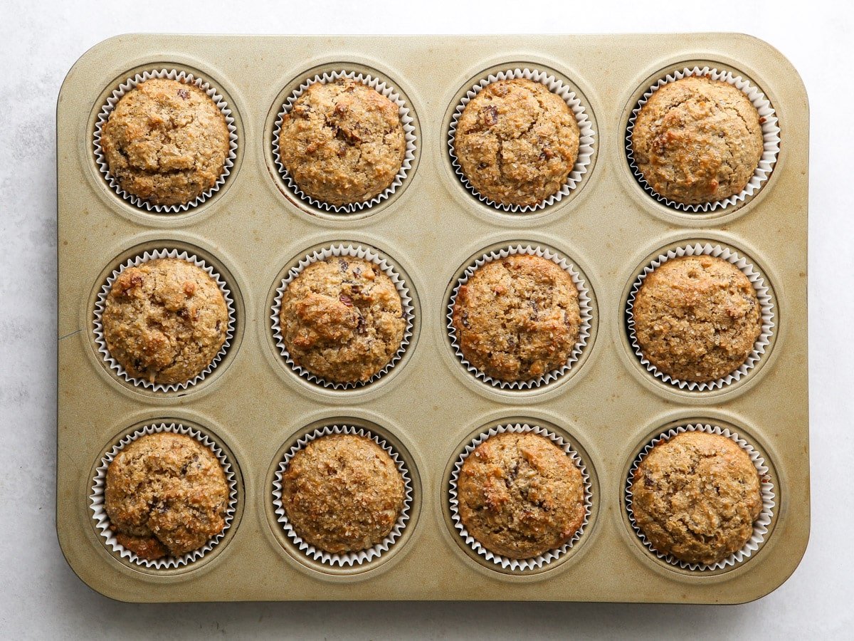 baked bran muffins in muffin pan