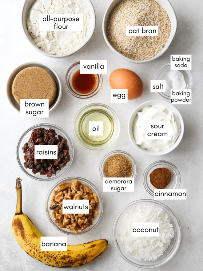 bran muffin ingredients measured out into bowls