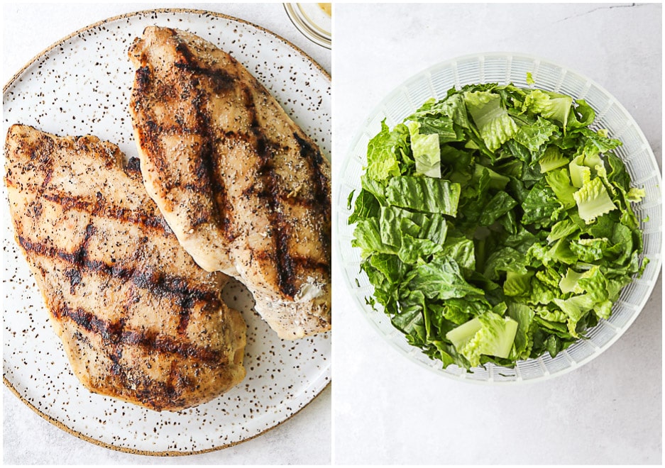 grilled chicken on a plate and washed lettuce in salad spinner