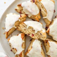 closeup of eggnog scones on a platter
