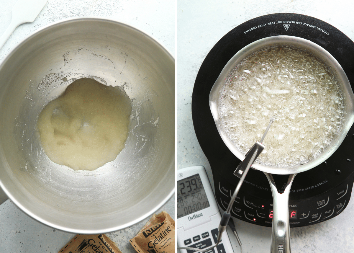 prepping gelatin and making sugar syrup for homemade marshmallows