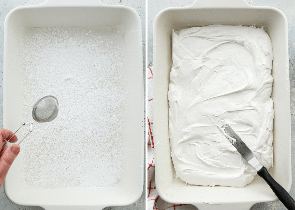 prepping dish and spreading marshmallow mixture in it