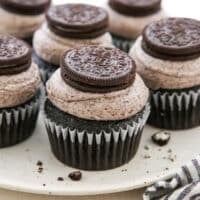 Oreo cupcakes on a platter for serving