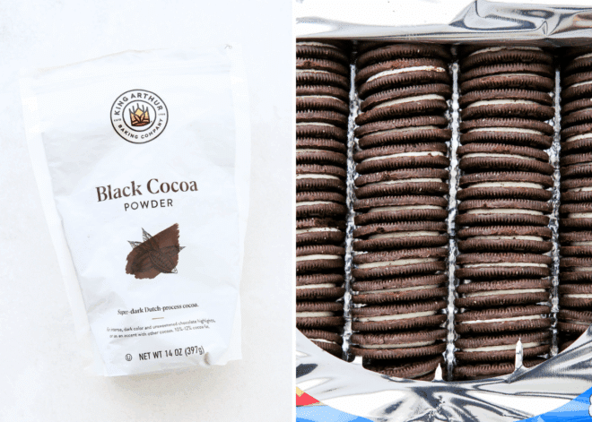 black cocoa powder packaging and a package of Oreos