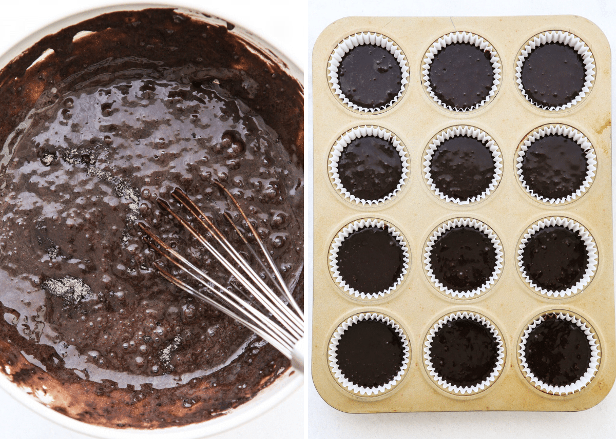 making cupcake batter and filled muffin pan