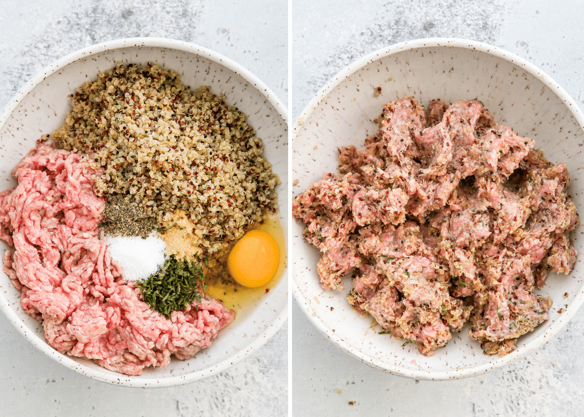 two bowls side by side. one of all the ingredients for pork quinoa meatballs and the other with them all mixed together