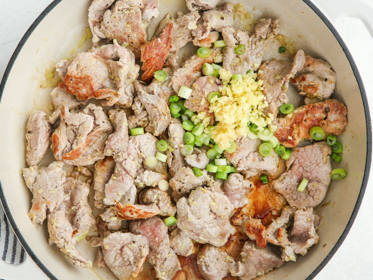 stir-fried thai lemongrass pork in skillet