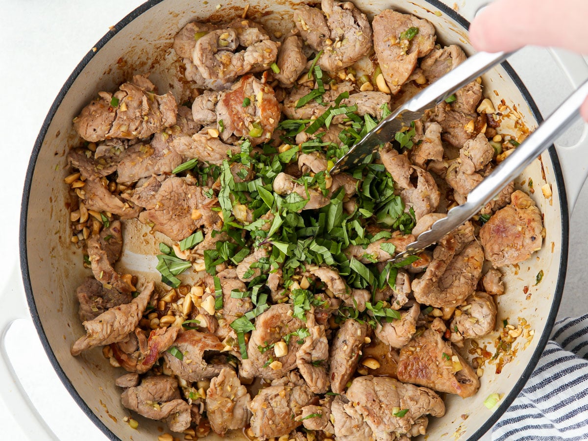 plate with rice and thai lemongrass pork
