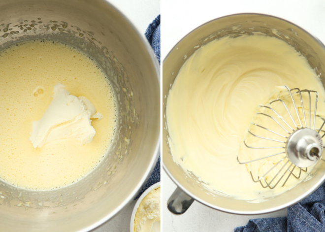 making mascarpone cream for tiramisu in mixing bowl