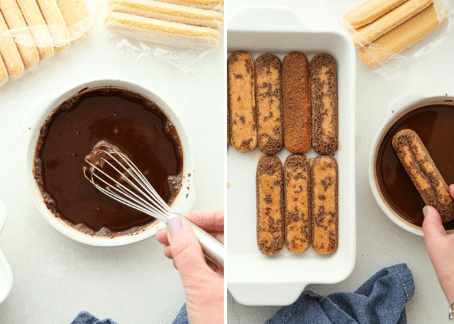 dipping lady fingers in coffee mixture